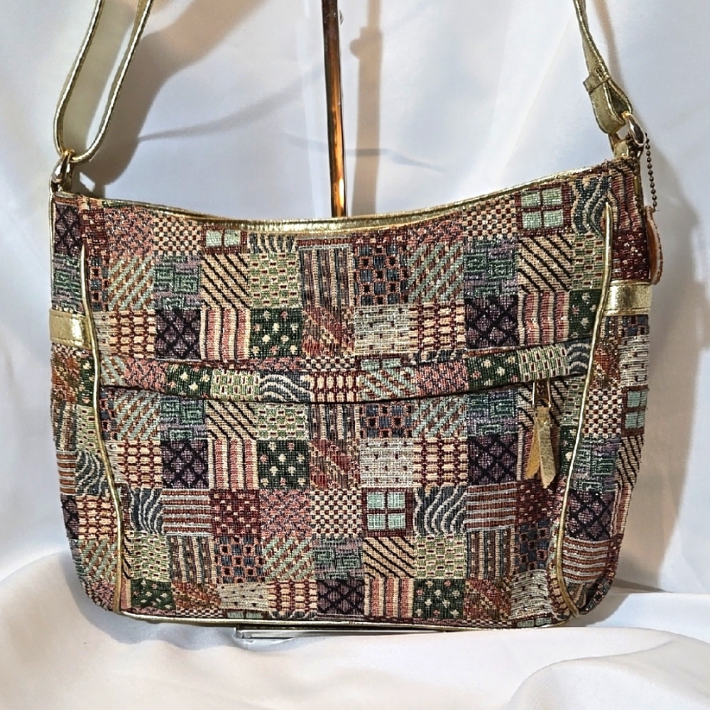 Vtg SAS Handsewn Colorful Tapestry Shoulder Bag w/ Gold Leather Trim